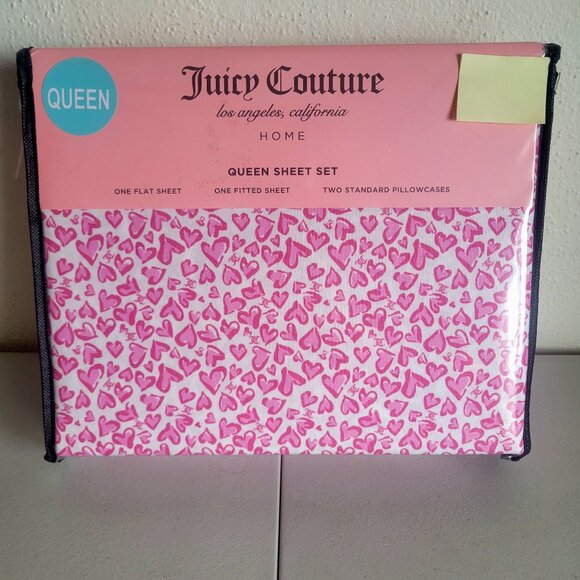 NEW JUICY COUTURE PINK Hearts Print 4-Pc Queen Sheet Set Soft Microfiber Cool - Picture 1 of 4